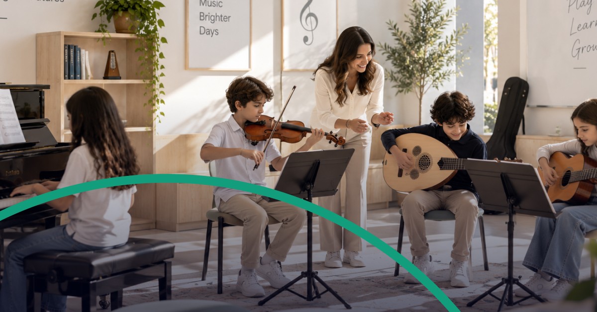 Children learning musical instruments in a Saudi music classroom