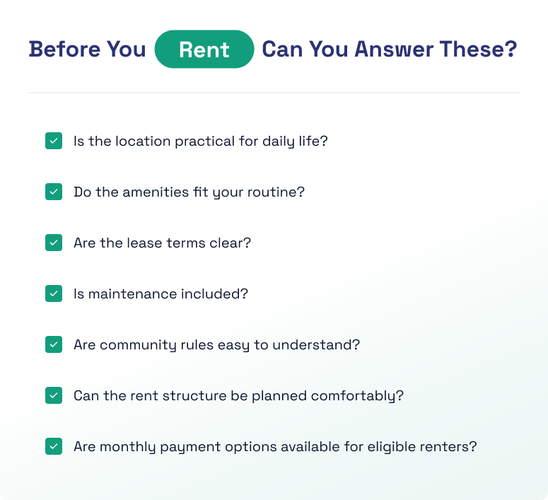 Compound living checklist for renters comparing location, amenities, lease terms, maintenance, and payment options.