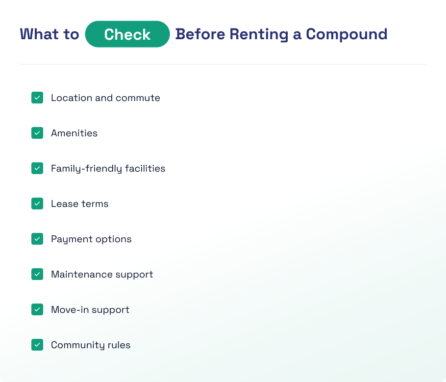 Compound living checklist for renters in Saudi Arabia.