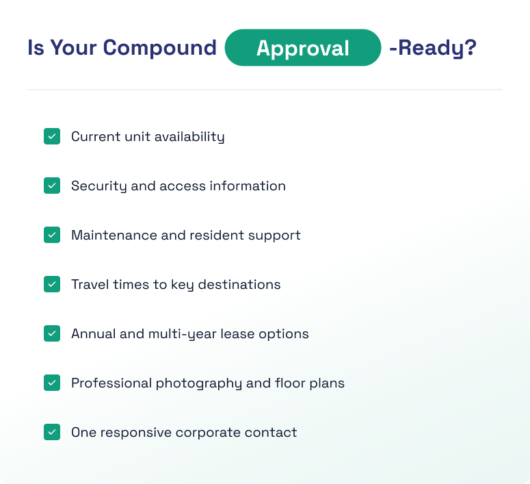 Checklist of information Jeddah compounds need to become approval-ready for executive relocations.