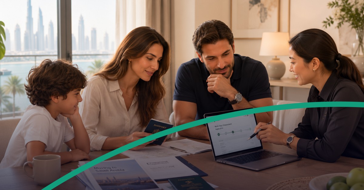 Expat family and nanny reviewing documents for a nanny transfer from the UAE to Saudi Arabia.
