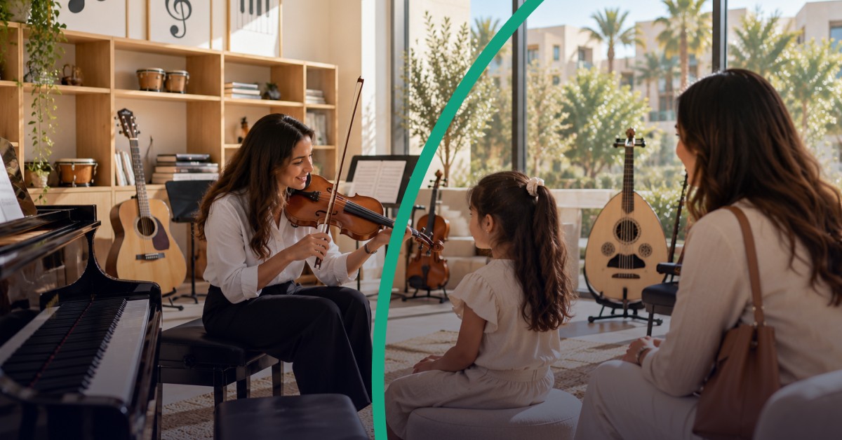 Parent and child meeting a music teacher in a Saudi music classroom