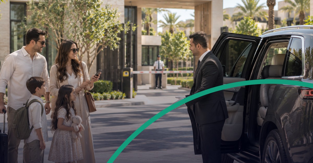 Expat family meeting a professional chauffeur beside a family SUV outside a Saudi residential compound.